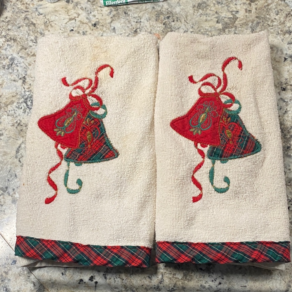Festive Holiday Kitchen Towels with Red and Green Bells